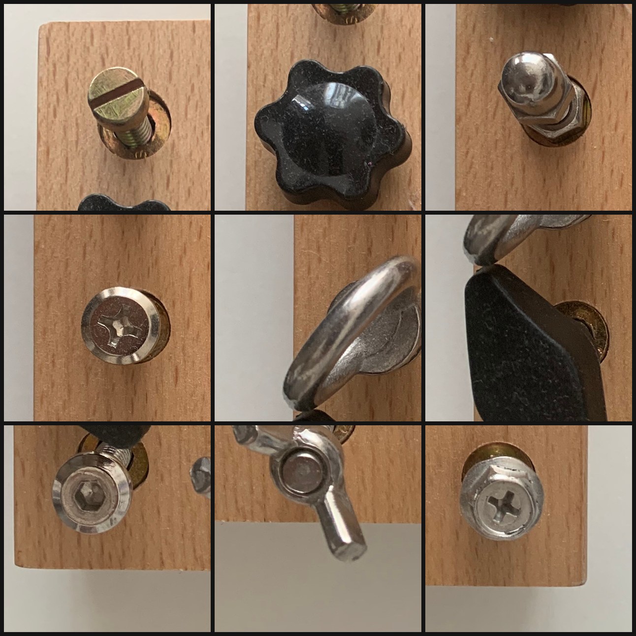 Grid of nine assorted screws, knobs, and fasteners on white background